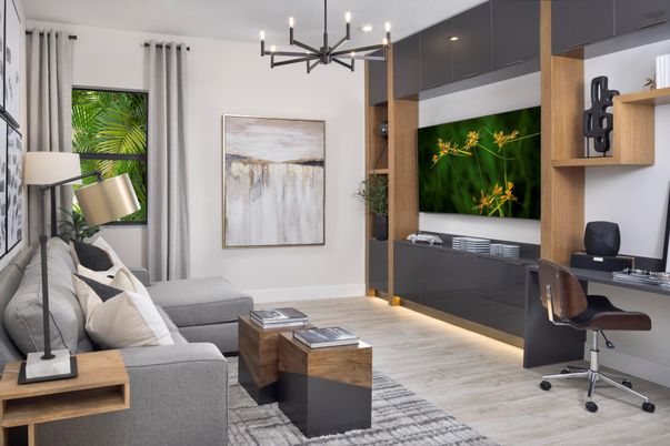 Home Office, Interior, Living room, Pendant Lights, Wood Texture Flooring