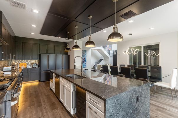 Dining room, Interior, Kitchen, Pendant Lights, Recessed Lighting, Wood Texture Flooring