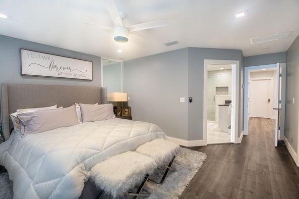 Bedroom, Interior, Recessed Lighting, Wood Texture Flooring