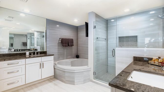 Bathroom, Dual Sink Vanities, Glass Shower, Interior, Recessed Lighting