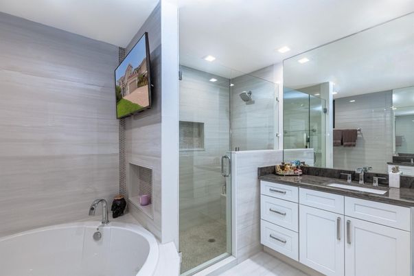 Bathroom, Dual Sink Vanities, Glass Shower, Interior, Recessed Lighting