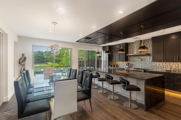 Dining room, Interior, Kitchen, Pendant Lights, Recessed Lighting, Wood Texture Flooring
