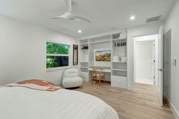 Bedroom, Interior, Recessed Lighting, Wood Texture Flooring