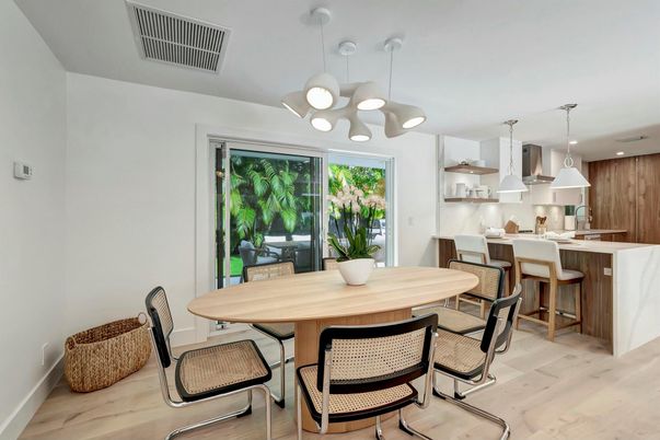 Dining room, Interior, Kitchen, Pendant Lights, Wood Texture Flooring