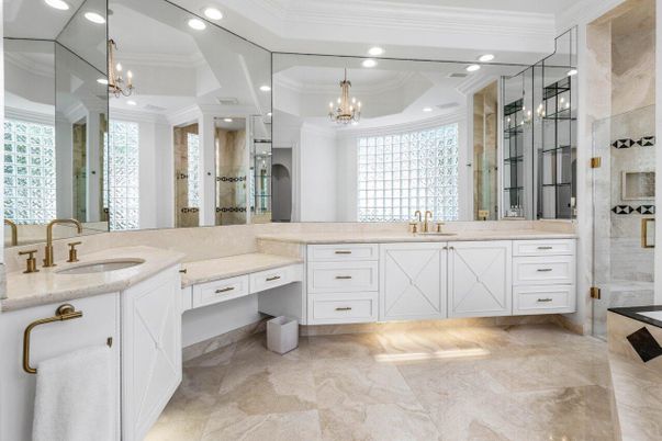 Bathroom, Chandelier, Dual Sink Vanities, Glass Shower, Interior, Recessed Lighting