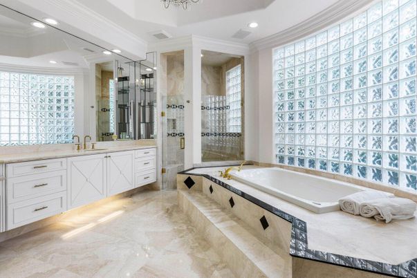 Bathroom, Dual Sink Vanities, Glass Shower, Interior, Recessed Lighting