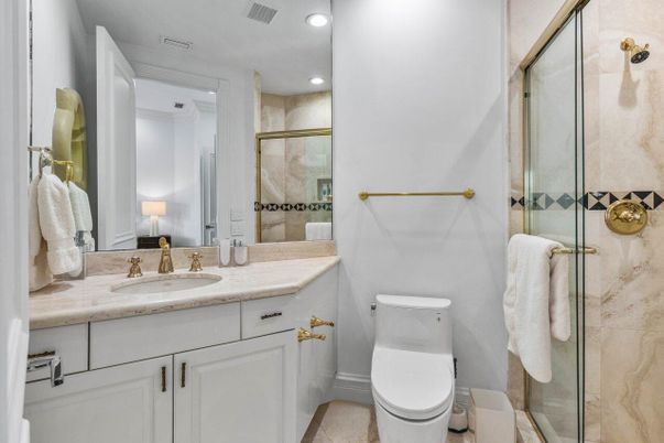 Bathroom, Glass Shower, Interior, Recessed Lighting