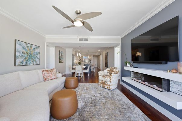 Dining room, Fireplace, Interior, Living room, Pendant Lights, Recessed Lighting, Wood Texture Flooring