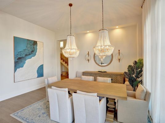 Chandelier, Dining room, Interior, Recessed Lighting, Wood Texture Flooring