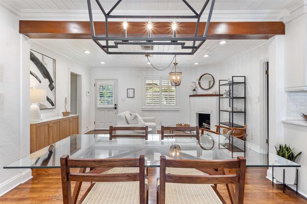 Dining room, Fireplace, Interior, Living room, Pendant Lights, Recessed Lighting, Wood Texture Flooring