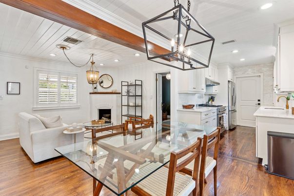 Chandelier, Dining room, Fireplace, Interior, Kitchen, Living room, Pendant Lights, Recessed Lighting, Wood Texture Flooring