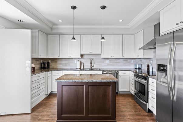 Interior, Kitchen, Pendant Lights, Recessed Lighting, Stainless Steel Appliances, Wood Texture Flooring