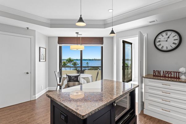 Dining room, Interior, Pendant Lights, Recessed Lighting, Water, Wood Texture Flooring