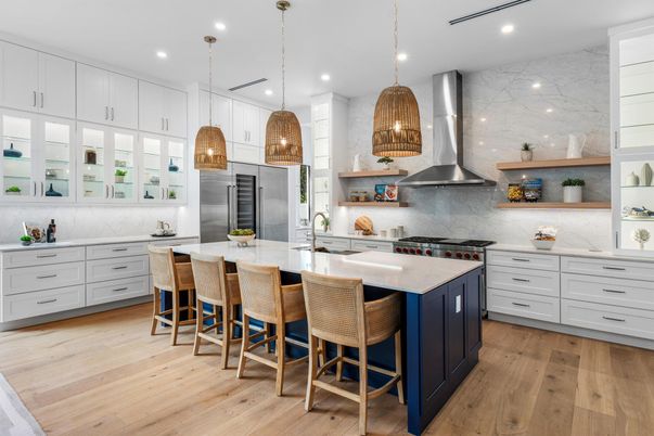 Interior, Kitchen, Marble Walls, Pendant Lights, Recessed Lighting, Stainless Steel Appliances, Wood Texture Flooring