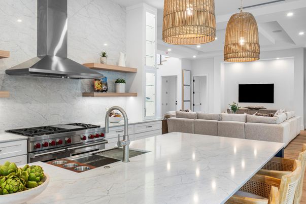Interior, Kitchen, Marble Walls, Pendant Lights, Recessed Lighting, Stainless Steel Appliances, Wood Texture Flooring