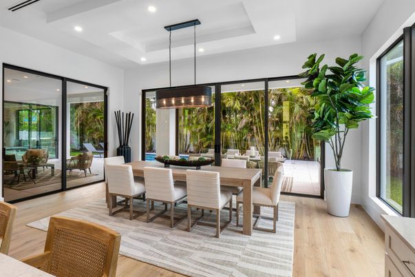 Dining room, Interior, Pendant Lights, Recessed Lighting, Wood Texture Flooring