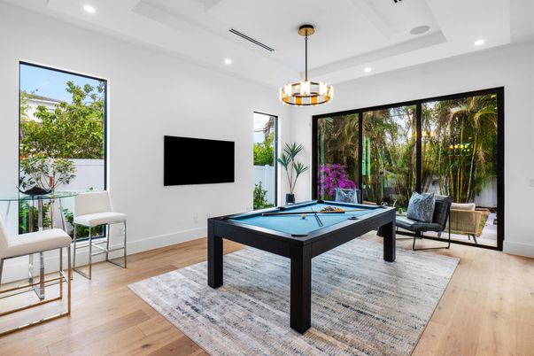 Billiard Table, Chandelier, Game Room, Interior, Pendant Lights, Recessed Lighting, Wood Texture Flooring