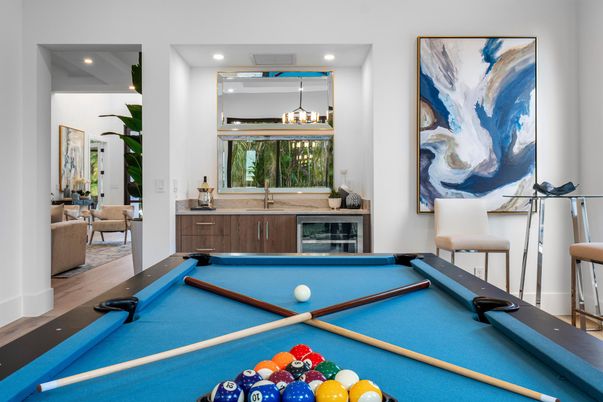 Billiard Table, Game Room, Interior, Pendant Lights, Recessed Lighting, Wood Texture Flooring