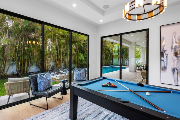 Billiard Table, Chandelier, Game Room, Interior, Recessed Lighting, Wood Texture Flooring