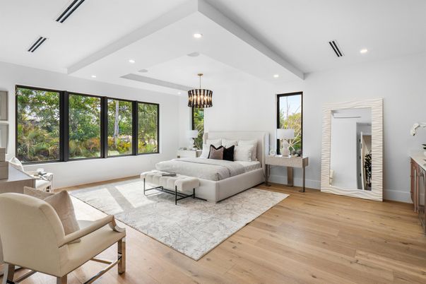 Bedroom, Chandelier, Interior, Pendant Lights, Recessed Lighting, Wood Texture Flooring