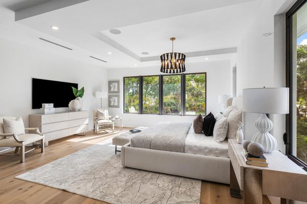 Bedroom, Chandelier, Interior, Pendant Lights, Recessed Lighting, Wood Texture Flooring