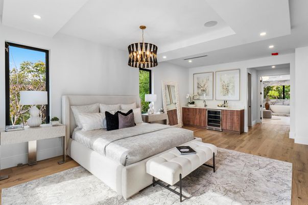 Bedroom, Chandelier, Interior, Recessed Lighting, Wood Texture Flooring