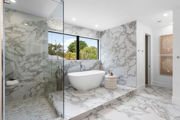 Bathroom, Free Standing Baths, Glass Shower, Interior, Marble, Marble Walls, Recessed Lighting