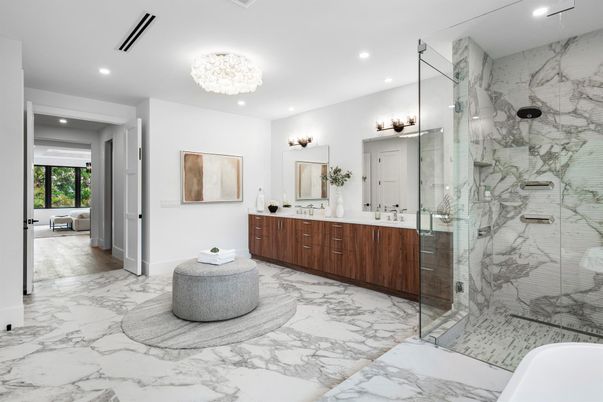 Bathroom, Chandelier, Dual Sink Vanities, Glass Shower, Interior, Marble, Marble Walls, Recessed Lighting