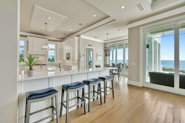 Dining room, Interior, Kitchen, Pendant Lights, Recessed Lighting, Water, Wood Texture Flooring