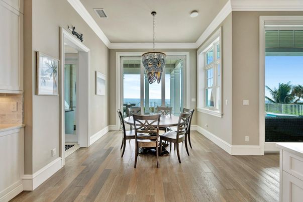 Dining room, Interior, Pendant Lights, Water, Wood Texture Flooring