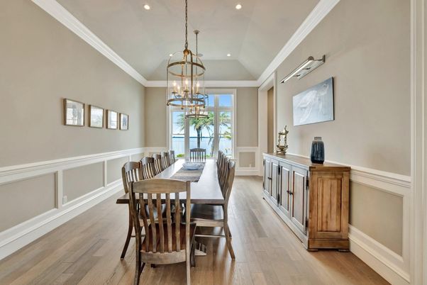 Dining room, Interior, Pendant Lights, Recessed Lighting, Wood Texture Flooring