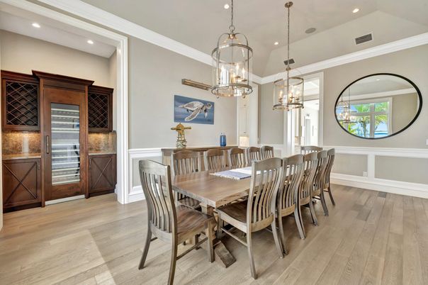 Dining room, Interior, Pendant Lights, Recessed Lighting, Wood Texture Flooring