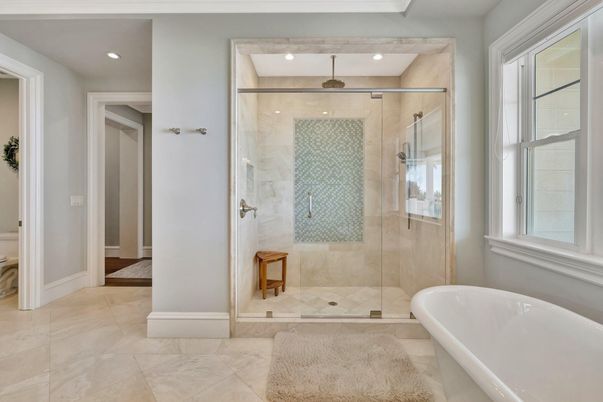 Bathroom, Free Standing Baths, Glass Shower, Interior, Recessed Lighting