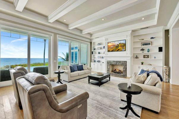 Fireplace, Interior, Living room, Recessed Lighting, Water, Wood Texture Flooring