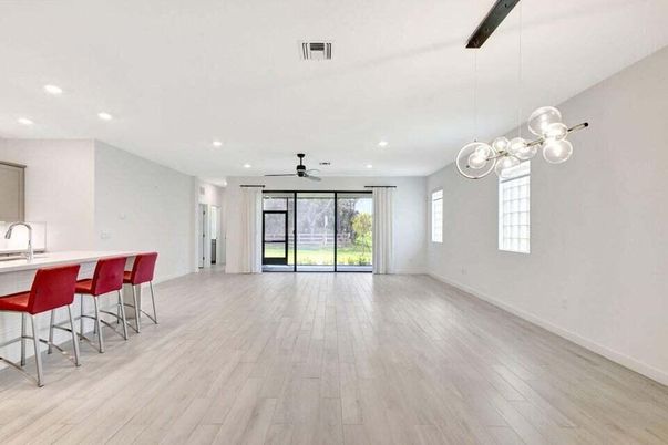 Empty room, Interior, Pendant Lights, Recessed Lighting, Wood Texture Flooring