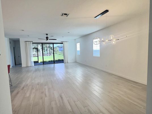 Empty room, Interior, Pendant Lights, Recessed Lighting, Wood Texture Flooring