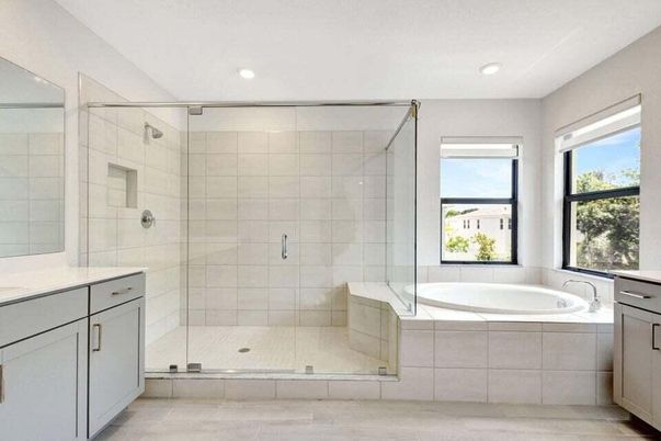 Bathroom, Glass Shower, Interior, Recessed Lighting, Wood Texture Flooring