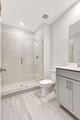 Bathroom, Glass Shower, Interior, Recessed Lighting, Wood Texture Flooring
