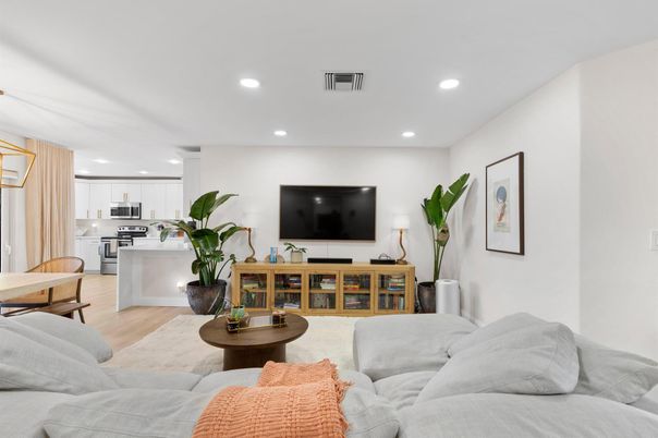 Interior, Kitchen, Living room, Recessed Lighting, Stainless Steel Appliances, Wood Texture Flooring