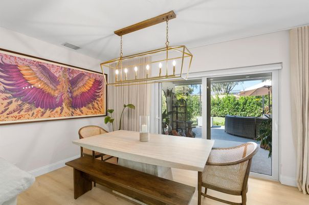 Dining room, Interior, Pendant Lights, Wood Texture Flooring
