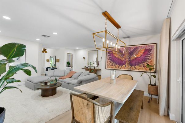 Dining room, Interior, Living room, Pendant Lights, Recessed Lighting, Wood Texture Flooring