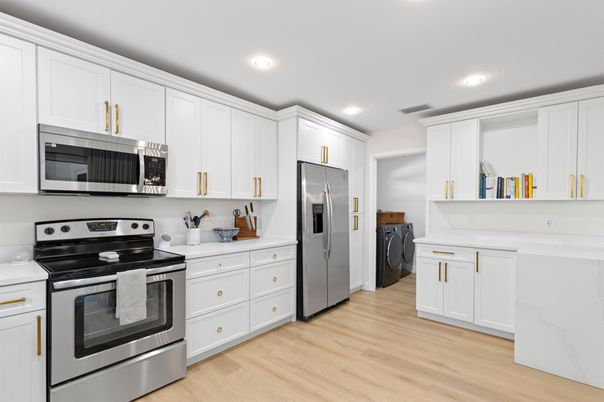 Interior, Kitchen, Recessed Lighting, Stainless Steel Appliances, Wood Texture Flooring
