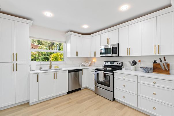 Interior, Kitchen, Recessed Lighting, Stainless Steel Appliances, Wood Texture Flooring