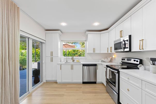 Interior, Kitchen, Recessed Lighting, Stainless Steel Appliances, Wood Texture Flooring
