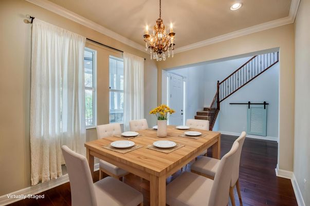 Chandelier, Dining room, Interior, Recessed Lighting, Wood Texture Flooring