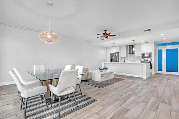 Dining room, Interior, Kitchen, Pendant Lights, Recessed Lighting, Stainless Steel Appliances, Wood Texture Flooring