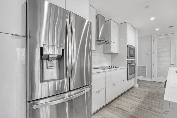Interior, Kitchen, Recessed Lighting, Stainless Steel Appliances, Wood Texture Flooring