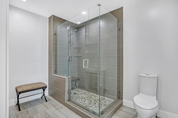 Bathroom, Glass Shower, Interior, Recessed Lighting, Wood Texture Flooring