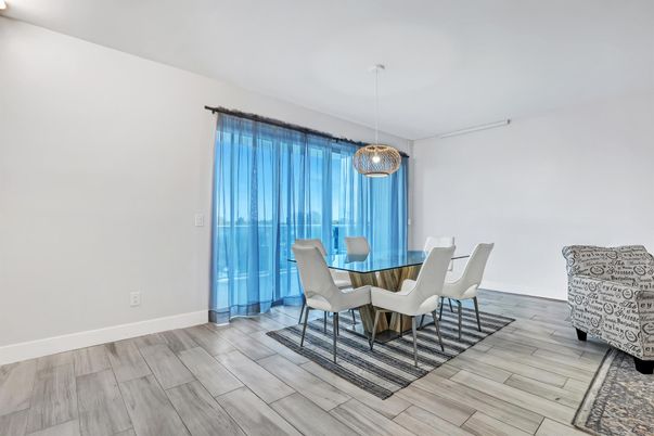 Dining room, Interior, Pendant Lights, Wood Texture Flooring