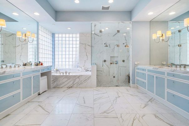 Bathroom, Dual Sink Vanities, Glass Shower, Interior, Marble, Marble Walls, Recessed Lighting